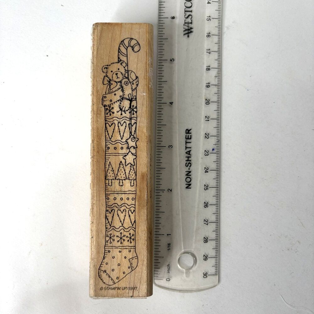 Stampin Up 1997 Christmas Stocking Wood Rubber Stamp Long Skinny Sketched